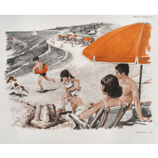 Tableaux de langage. Série IM 2 - n° 31a : A la plage (baignade et chateau de sable). n° 32a : la sortie en mer sur un bateau de pêche.