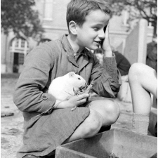 Institut départemental des Aveugles de la Seine (Ecole Braille).
L'enseignement destiné aux aveugles. Un élève joue avec un cochon d'Inde dans la cour.