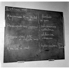Collège d'enseignement technique pour jeunes filles. Le cours de cuisine. La préparation d'un menu équilibré sur tableau noir.