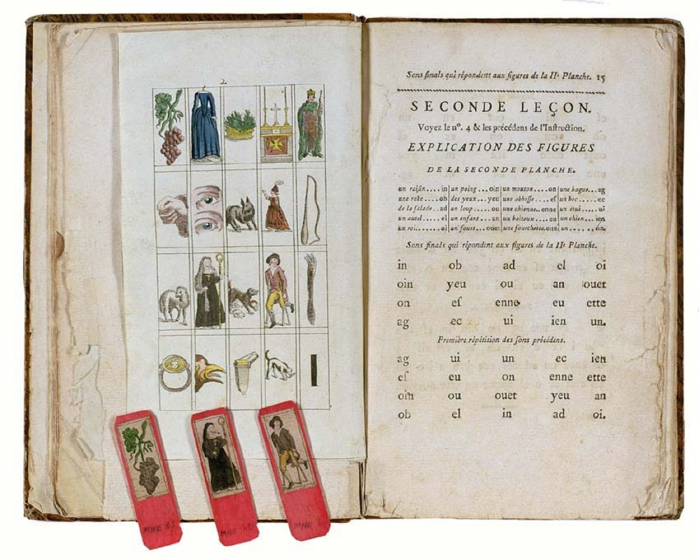 Fiches en os accompagnant l'ouvrage intitulé Le Quadrille des Enfans, avec lequel, par le moyen de quatre-vingt-quatre Figures, et sans épeler, ils peuvent, à l'âge de quatre ou cinq ans, et au-dessous, être mis en état de lire, à l'ouverture de toutes sortes de livres, en trois ou quatre mois, même plus tôt, selon leurs dispositions.
