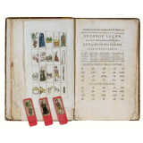 Fiches en os accompagnant l'ouvrage intitulé Le Quadrille des Enfans, avec lequel, par le moyen de quatre-vingt-quatre Figures, et sans épeler, ils peuvent, à l'âge de quatre ou cinq ans, et au-dessous, être mis en état de lire, à l'ouverture de toutes sortes de livres, en trois ou quatre mois, même plus tôt, selon leurs dispositions.