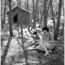Ligue française de l'Enseignement : camp familial de vacances, la lecture en forêt, un enfant et un adulte