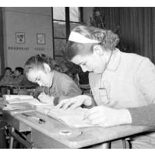 Classe de mal-entendants de Lestrade : les élèves, équipés d'écouteurs, effectuent des exercices de mathématiques. Lecture labiale avec l'institutrice.