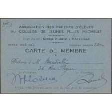 Association des parents d'élèves du collège de jeunes filles Michelet. Carte de membre.