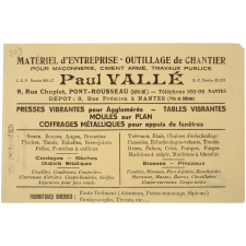 Buvard publicitaire. Matériel d'entreprise - Outillage de chantier. Paul Vallé.