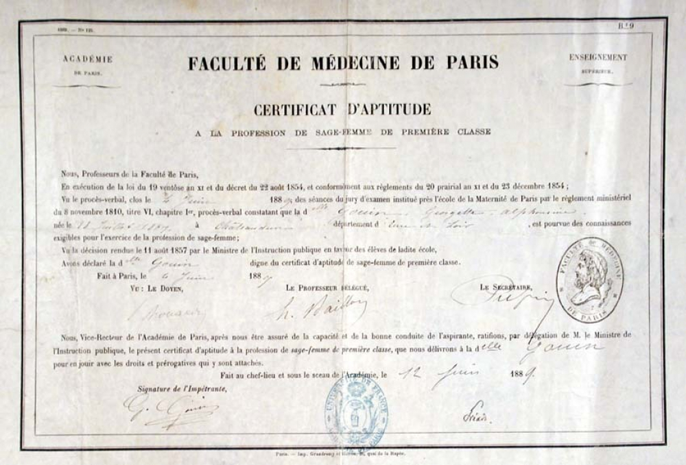 Certificat d'aptitude à la pofession de sage-femme de première classe. 