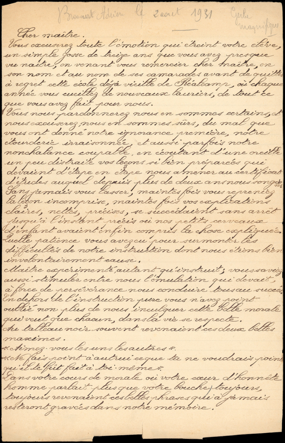 Lettre de remerciement des élèves