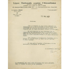 Lettre de récompense du secrétaire général de la ligue nationale contre l'alcoolisme à l'instituteur Marcel Desbled