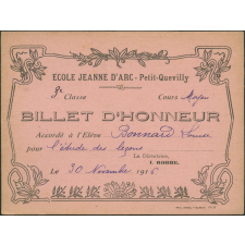 Billet d'honneur accordé à l'élève Bonnard Louise pour l'étude des leçons, le 30 novembre 1916