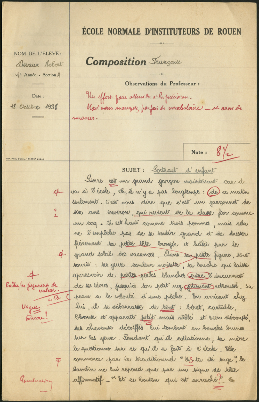 Composition française. École normale d'instituteurs de Rouen. 1ère année. Année scolaire 1938-1939