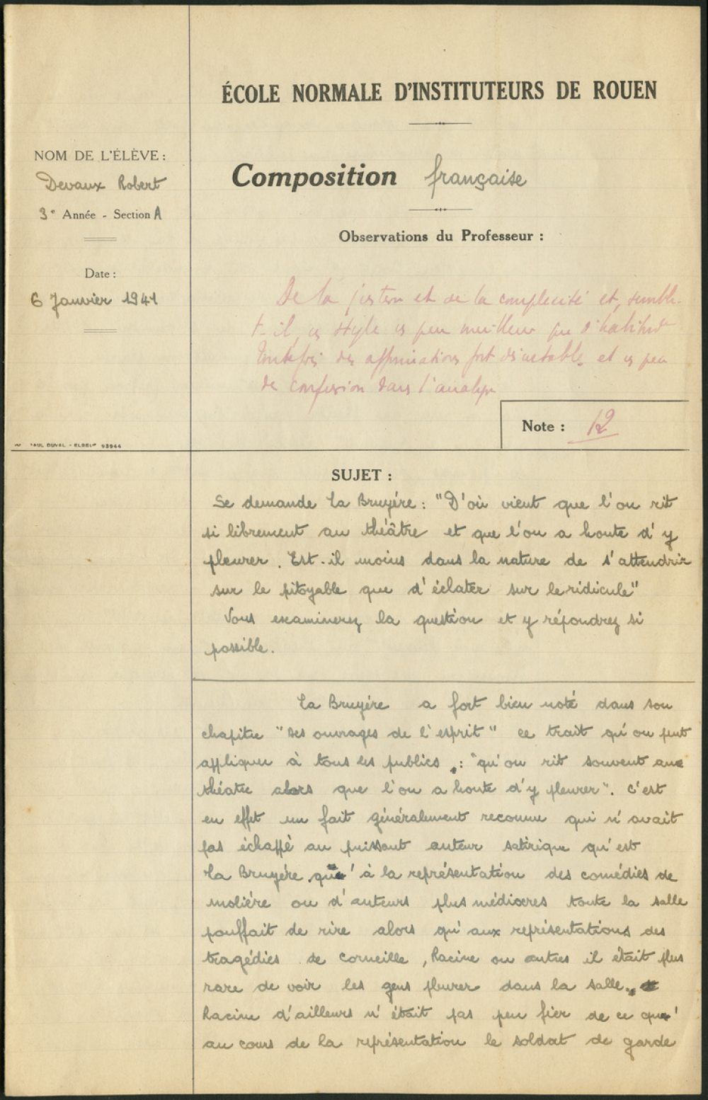 Composition française. École normale d'instituteurs de Rouen. 3e année. Année scolaire 1940-1941