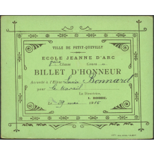 Billet d'honneur accordé à l'élève Louise Bonnard pour le travail, le 29 mai 1915