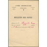 Bulletin des notes. Lycée Jeanne d'Arc à Rouen. Année scolaire 1947-48, 1er semestre