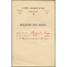 Bulletin des notes. Lycée Jeanne d'Arc à Rouen. Année scolaire 1947-48, 1er semestre