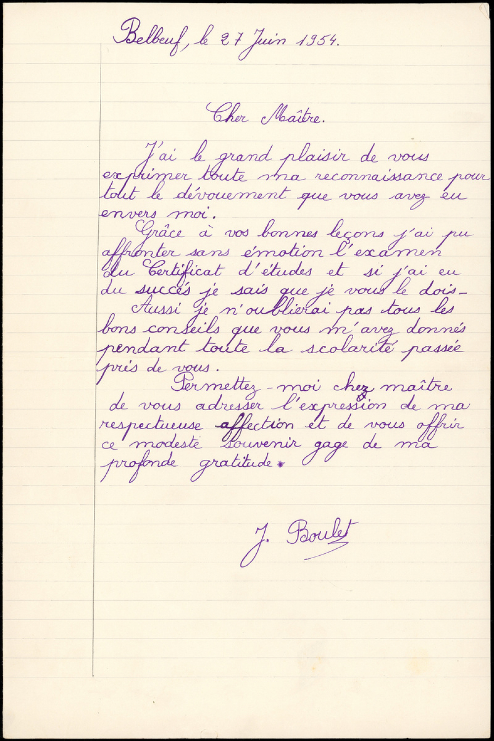 Lettre de remerciement d'un élève.