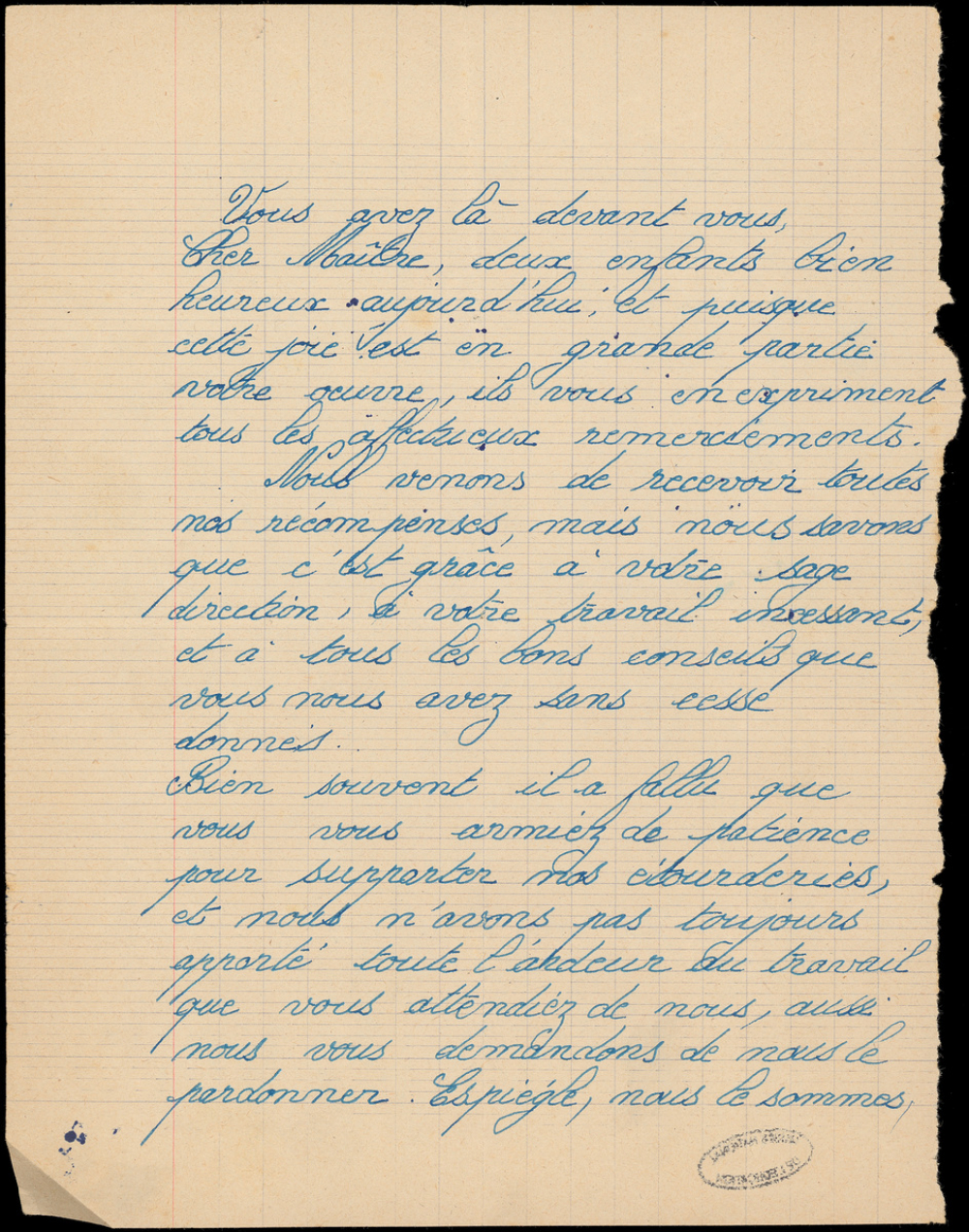 Lettre de remerciement d'élèves.
