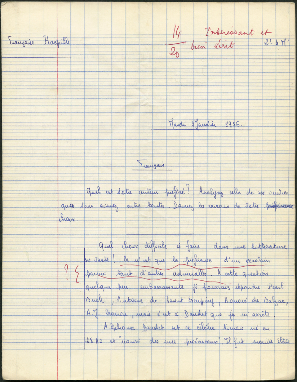Devoir de français. Classe de seconde. Lycée Jeanne d'Arc à Rouen. Année scolaire 1955-56