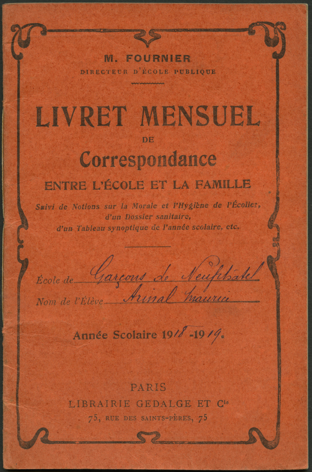 Livret mensuel de Correspondance entre l'école et la famille - Année scolaire 1918-1919