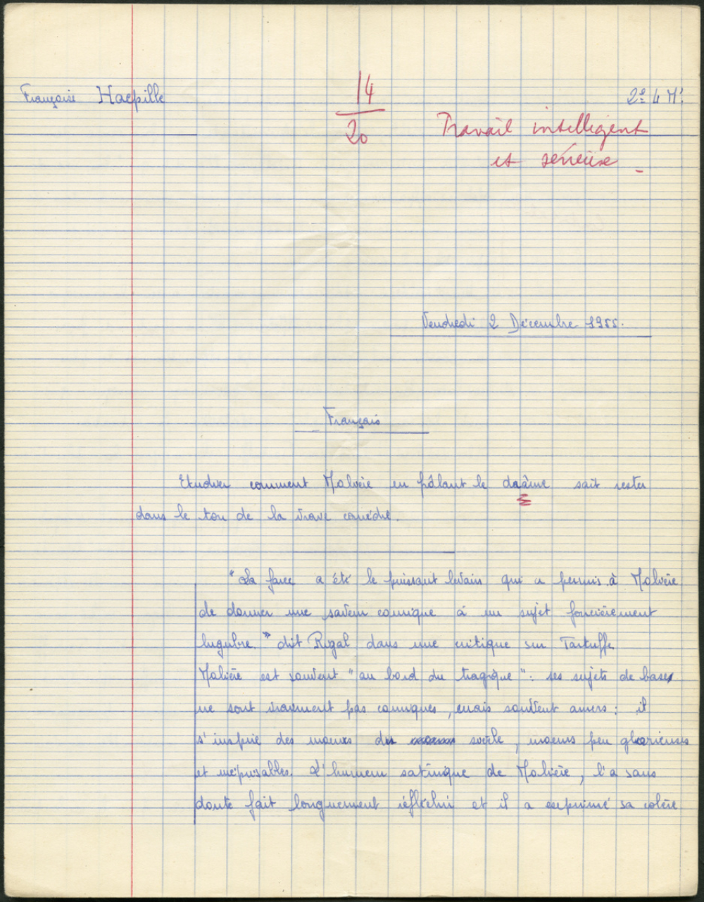 Devoir de français. Classe de seconde. Lycée Jeanne d'Arc à Rouen. Année scolaire 1955-56