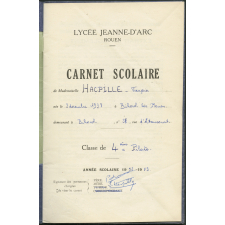 Carnet scolaire. Lycée Jeanne d'Arc, Rouen. Année scolaire 1952-53