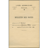 Bulletin des notes. Lycée Jeanne d'Arc à Rouen. Année scolaire 1952-53