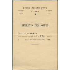 Bulletin des notes. Lycée Jeanne d'Arc à Rouen. Année scolaire 1952-53