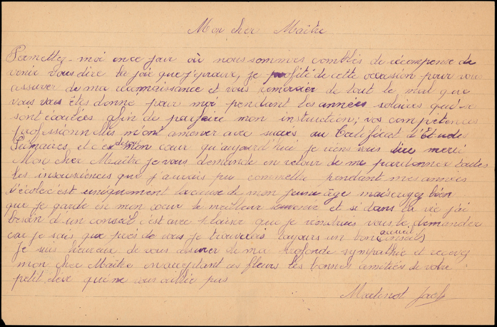 Lettre de remerciement d'un élève.