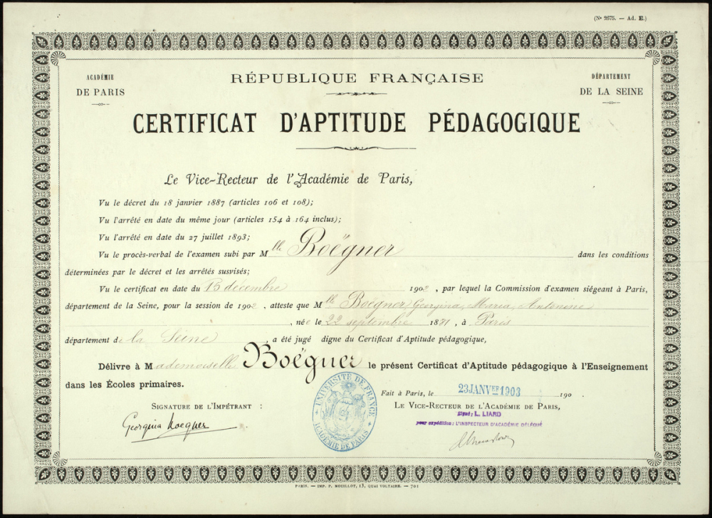 Certificat d'aptitude pédagogique. République française. Académie de Paris. Département de la Seine