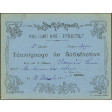 Témoignage de satisfaction accordé à l'élève Louise Bonnard pour la tenue des cahiers, le 31 décembre 1916