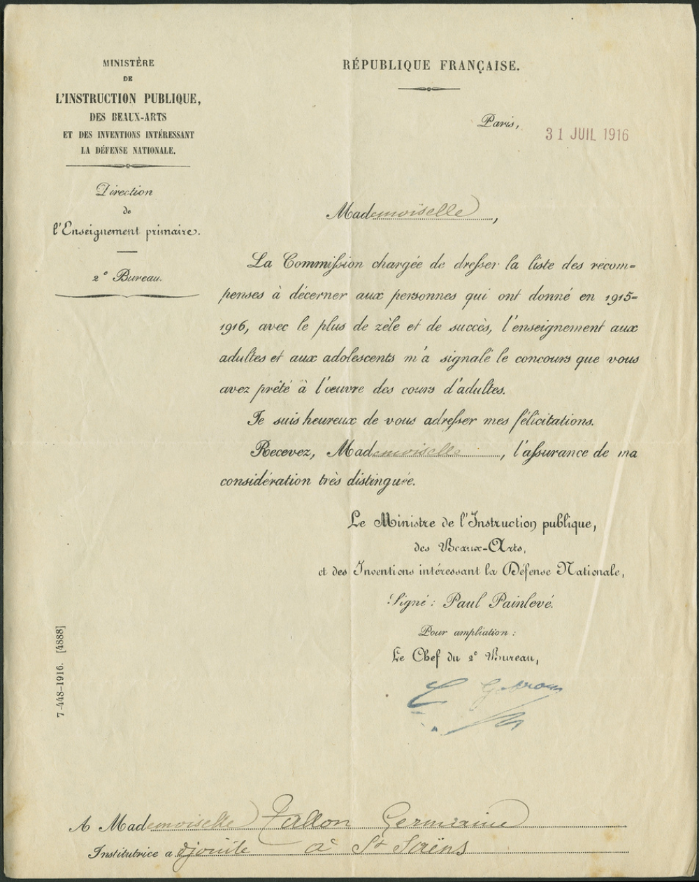 Lettre de récompense du ministre de l'instruction publique Paul Painlevé à l'institutrice Germaine Tallon