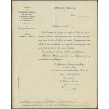 Lettre de récompense du ministre de l'instruction publique Paul Painlevé à l'institutrice Germaine Tallon