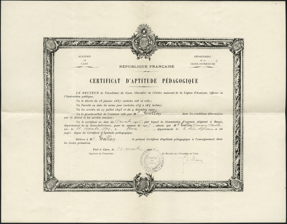 Certificat d'aptitude pédagogique de Germaine Amélie Tallon
