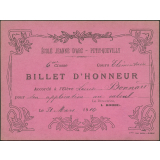 Billet d'honneur accordé à l'élève Louise Bonnard pour son application au calcul, le 31 mars 1916
