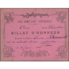 Billet d'honneur accordé à l'élève Louise Bonnard pour sa bonne conduite et son application, le 30 juin 1916