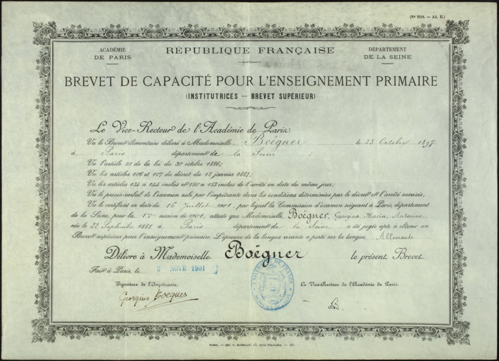 Brevet de capacité pour l'enseignement primaire (Institutrices - Brevet supérieur). République française. Académie de Paris. Département de la Seine