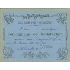 Témoignage de satisfaction accordé à l'élève Louise Bonnard pour la tenue des cahiers, le 31 octobre 1916