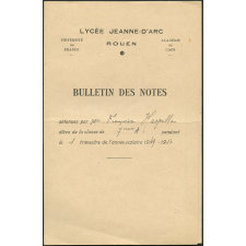 Bulletin des notes. Lycée Jeanne d'Arc à Rouen. Année scolaire 1949-50, 1er semestre