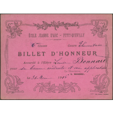 Billet d'honneur accordé à l'élève Louise Bonnard pour sa bonne conduite et son application, le 31 mai 1916
