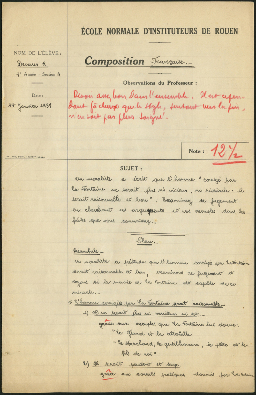 Composition française. École normale d'instituteurs de Rouen. 1ère année. Année scolaire 1938-1939