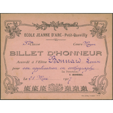 Billet d'honneur accordé à l'élève Bonnard Louise pour son application en orthographe, le 21 mai 1917