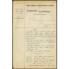 Composition de mathématiques. École normale d'instituteurs de Rouen. 1ère année. Année scolaire 1938-1939
