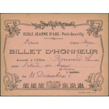 Billet d'honneur accordé à l'élève Bonnard Louise pour l'étude des leçons, le 31 décembre 1916