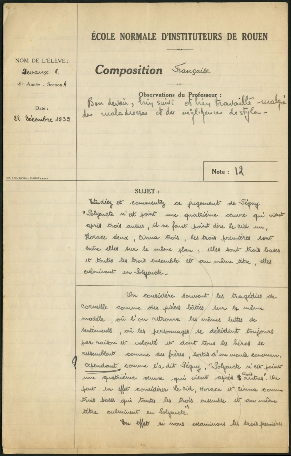 Composition française. École normale d'instituteurs de Rouen. 2e année. Année scolaire 1939-1940