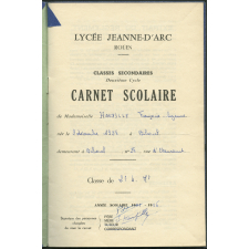 Carnet scolaire. Lycée Jeanne d'Arc, Rouen. Année scolaire 1955-56