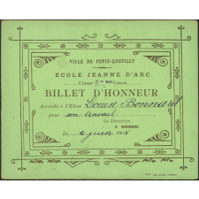 Billet d'honneur accordé à l'élève Louise Bonnard pour son travail, le 26 juin 1915