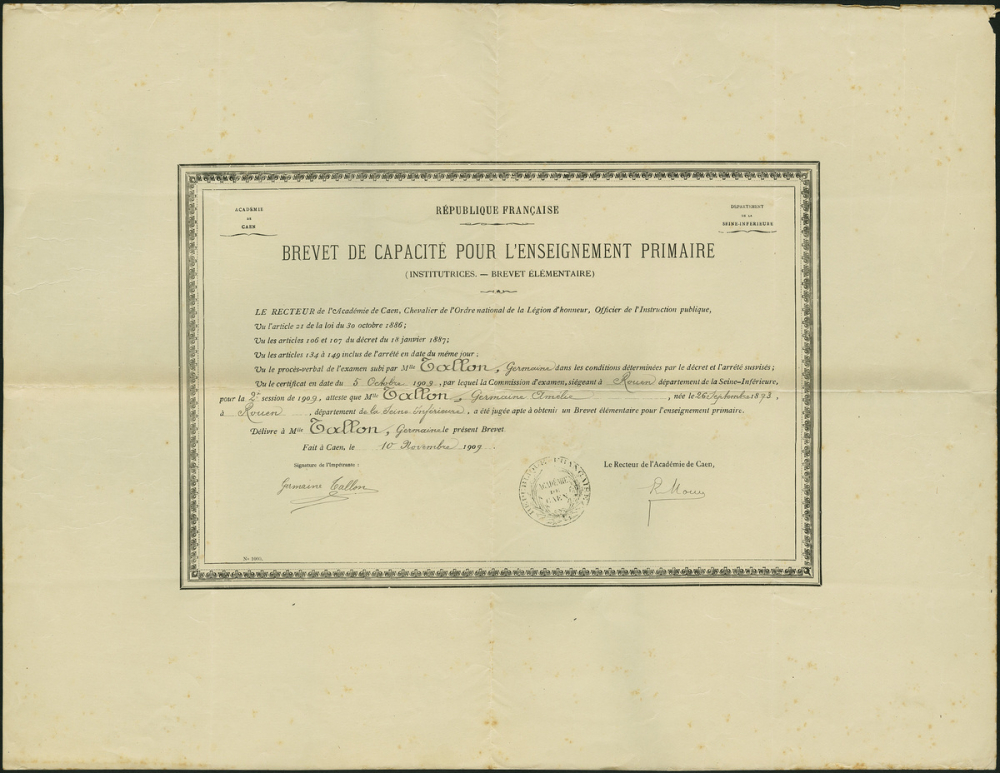 Brevet de capacité pour l'enseignement primaire de Germaine Amélie Tallon (Institutrices - brevet supérieur)