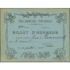 Billet d'honneur accordé à l'élève Louise Bonnard pour le travail, le 10 juillet 1915