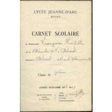 Carnet scolaire. Lycée Jeanne d'Arc, Rouen. Année scolaire 1948-49