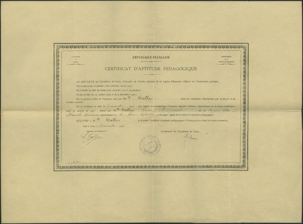 Certificat d'aptitude pédagogique de Louise Marguerite Talloné