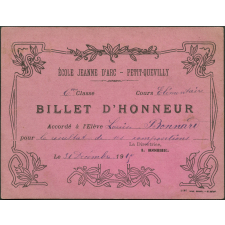 Billet d'honneur accordé à l'élève Louise Bonnard pour le résultat de ses compositions, le 31 décembre  1915